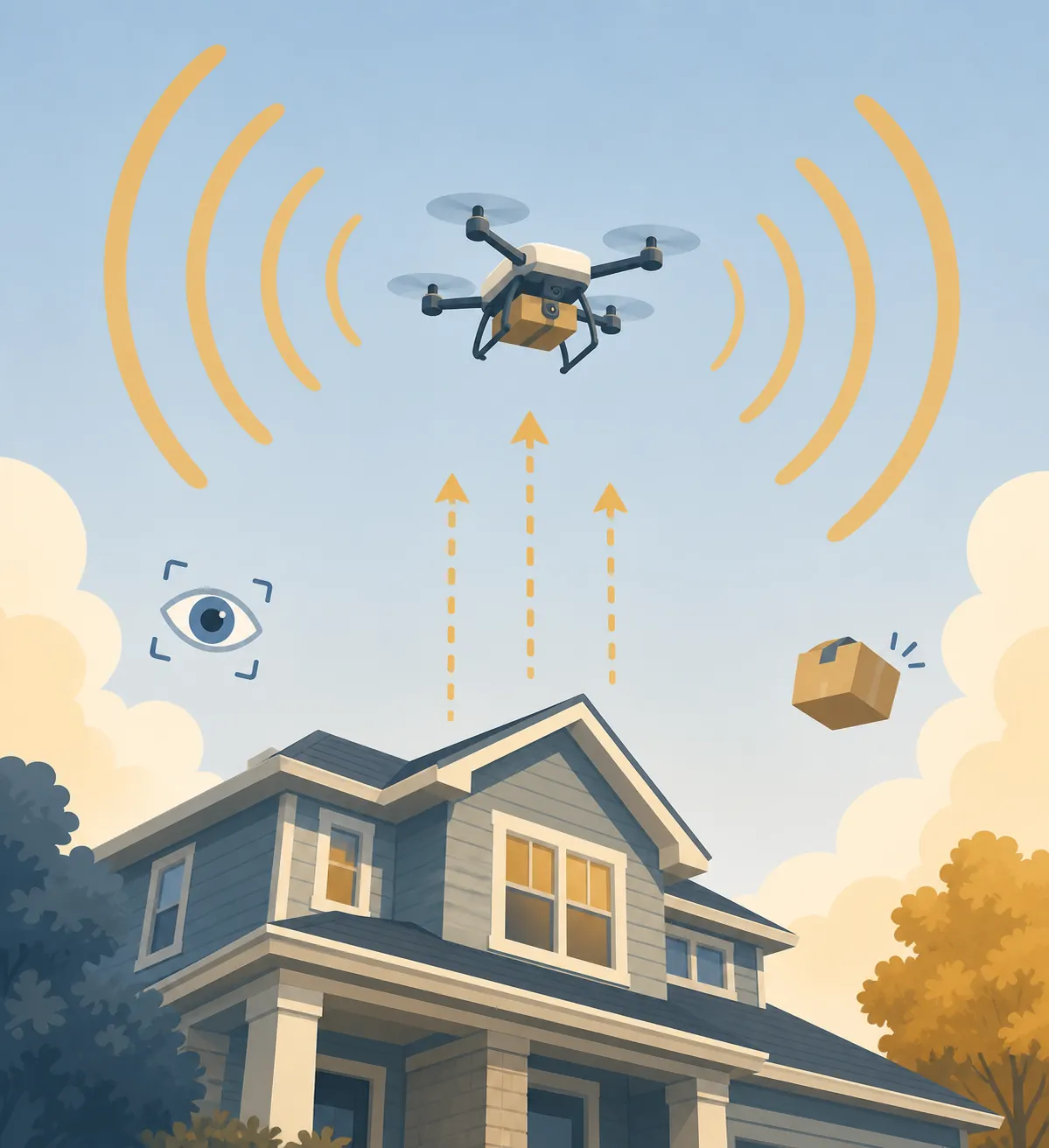 Delivery drone over a suburban house with sound waves, altitude arrows, camera and package symbols