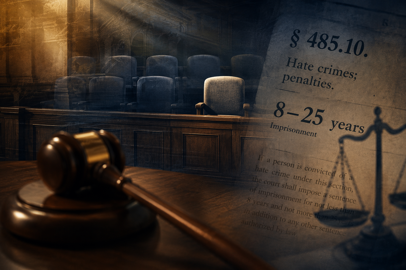 Courtroom scene with a judge's bench, jury box figures, and a legal document referencing Section 485.10 and an 8-to-25-year range