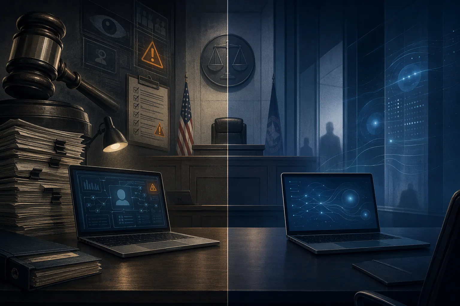Courtroom illustration showing a lawyer's AI laptop under sanction pressure on one side and government AI tools without matching oversight symbols on the other