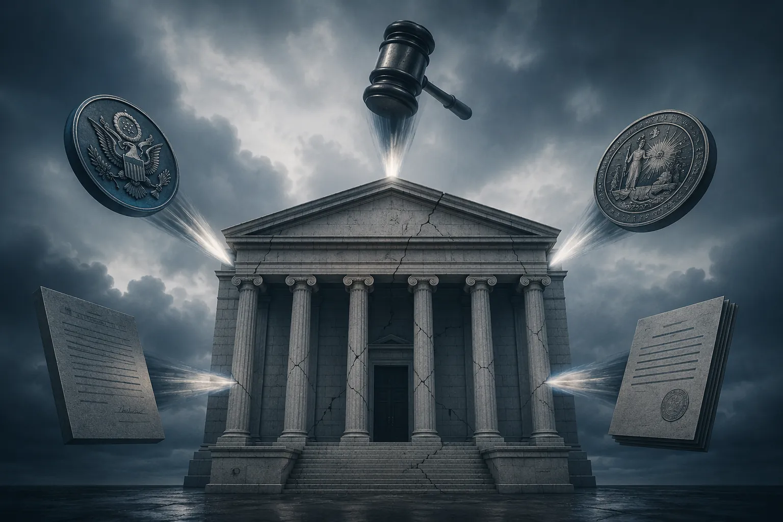 Classical legal institution under pressure from a gavel, federal seal, state seal, court order, and regulatory document