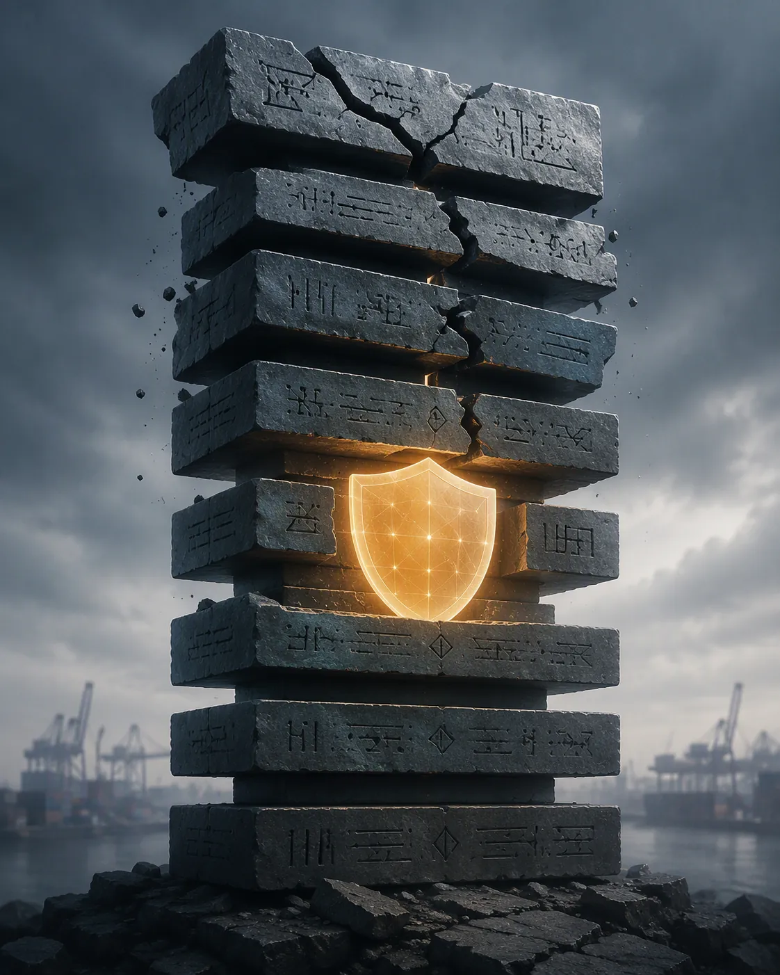 Stacked tariff layers with a glowing shield embedded in the center