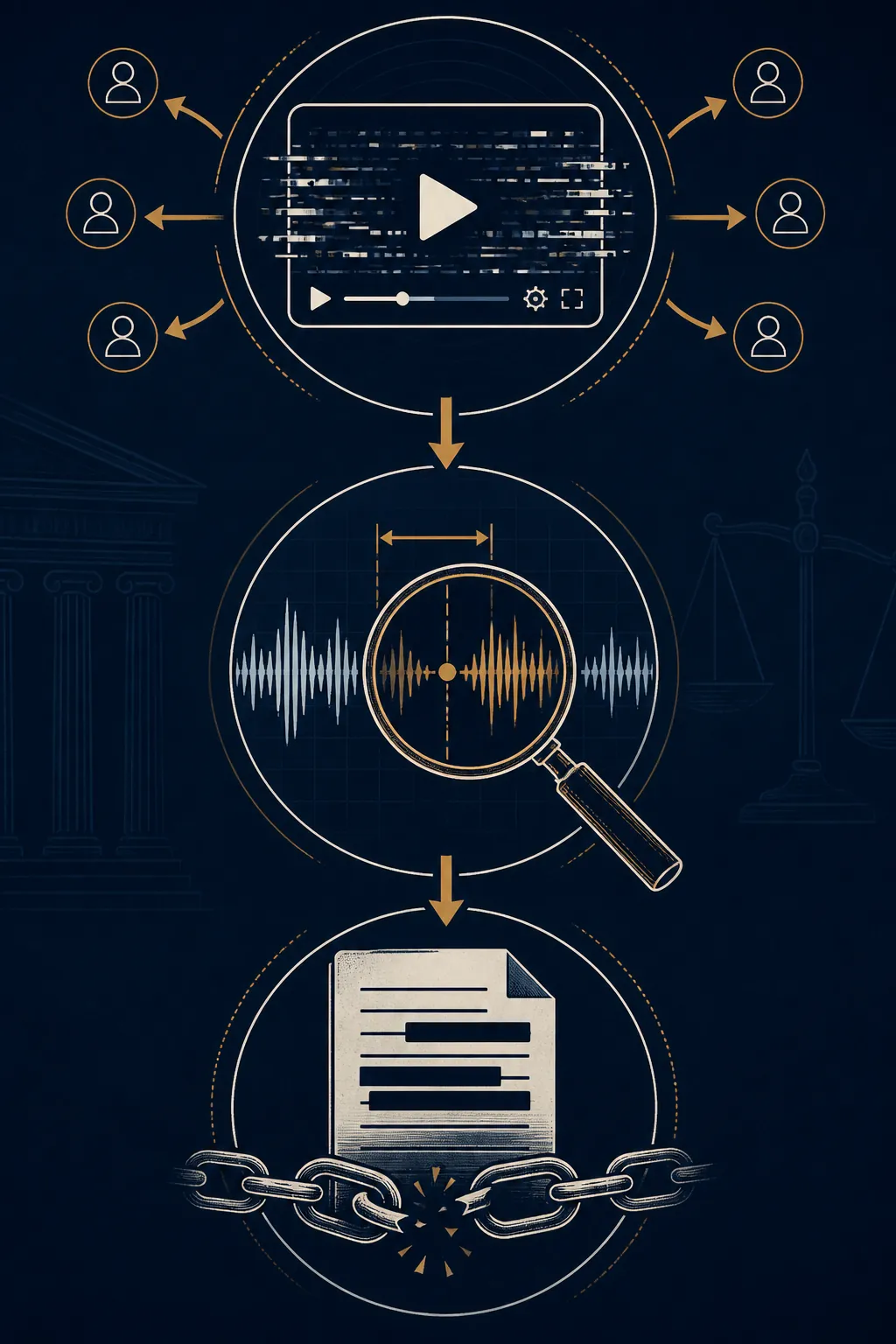 Three-stage evidence-contamination progression from social video to audio discrepancy to redacted metadata