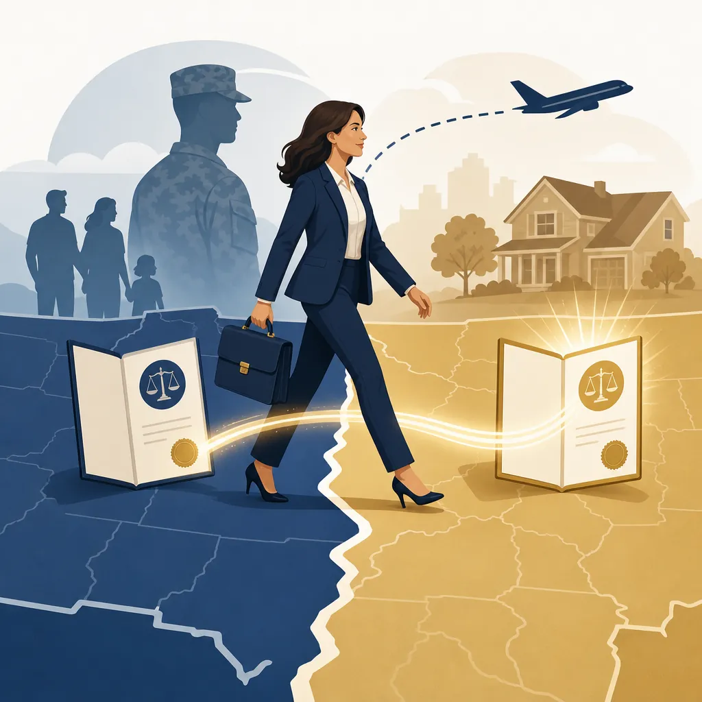 Illustration of a professional woman lawyer carrying a briefcase across a state-border line as her license transfers between states