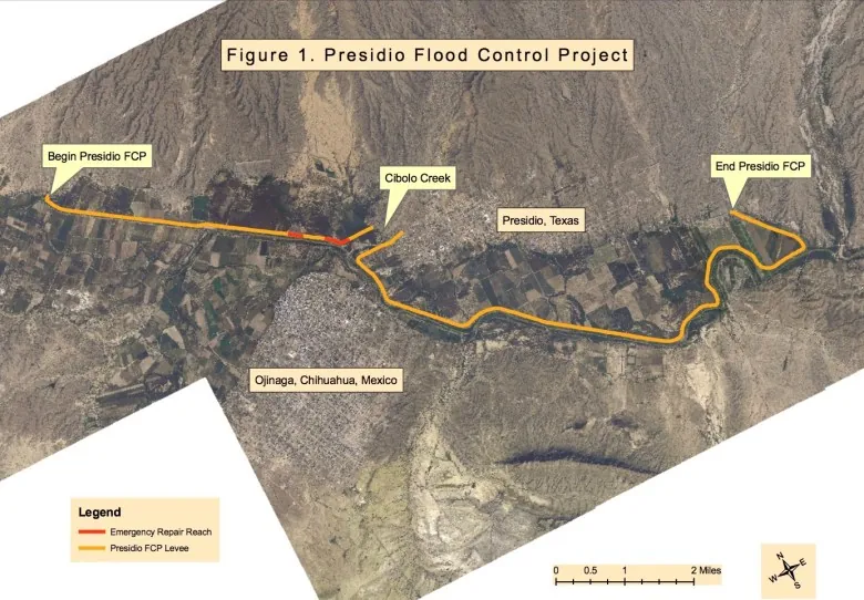 Map diagram of the Presidio flood-control levee system along the Rio Grande