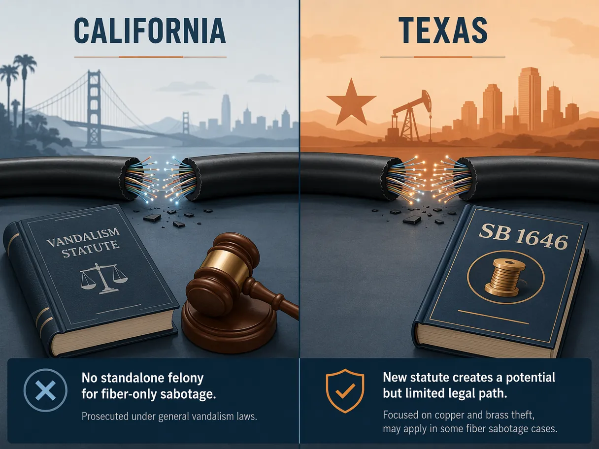 California and Texas legal comparison for cut fiber cable incidents