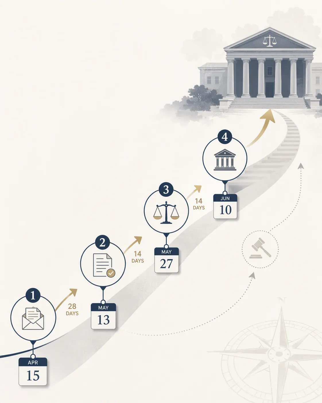 Procedural timeline with date markers leading toward a courthouse silhouette
