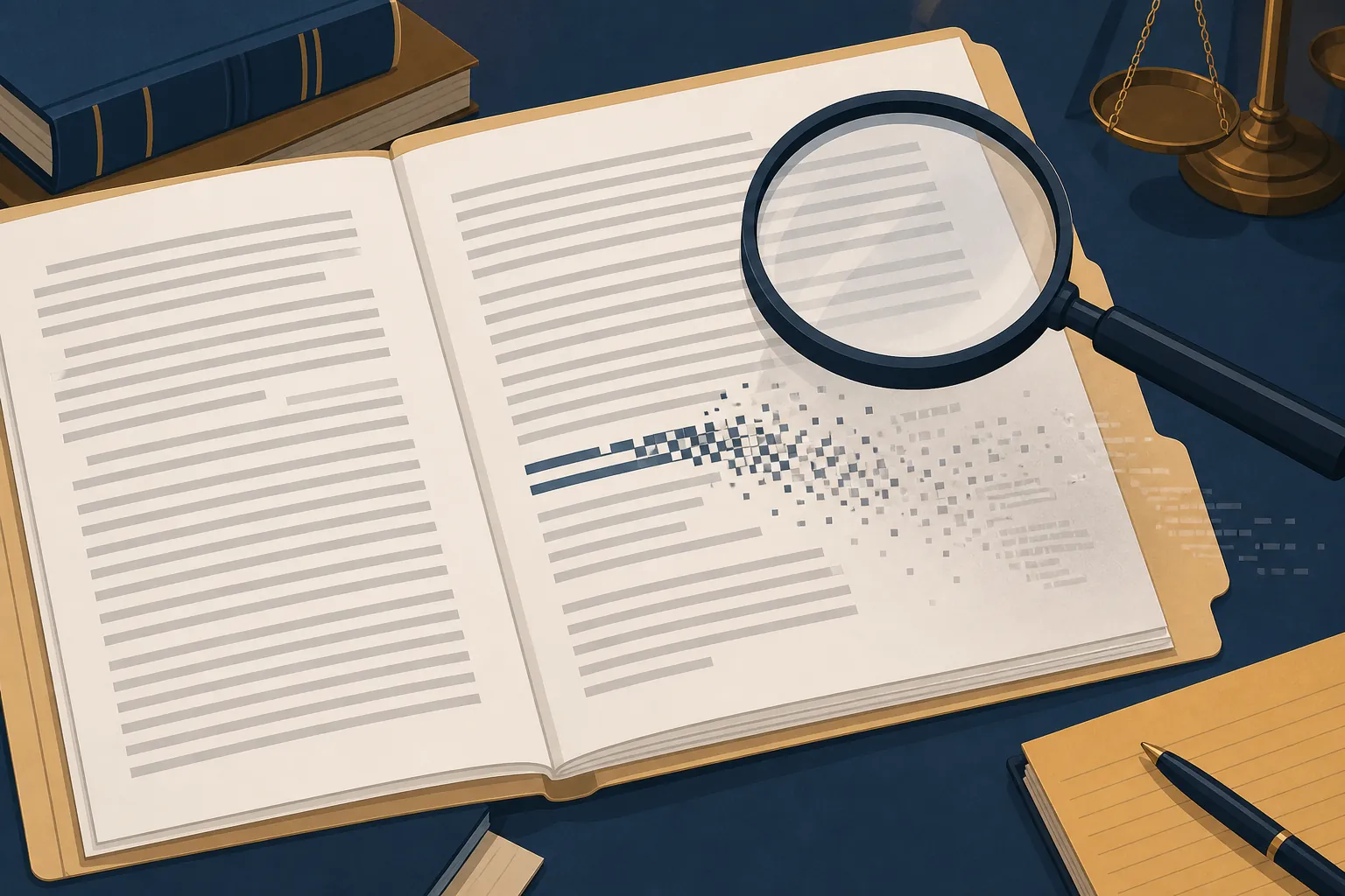 Legal case file with text dissolving into digital fragments under a magnifying glass