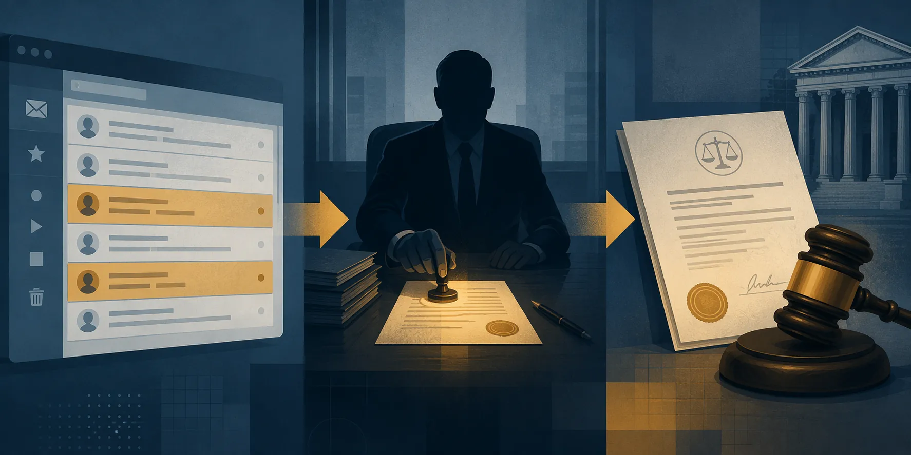 Abstract progression from highlighted emails to executive approval to a legal order and gavel