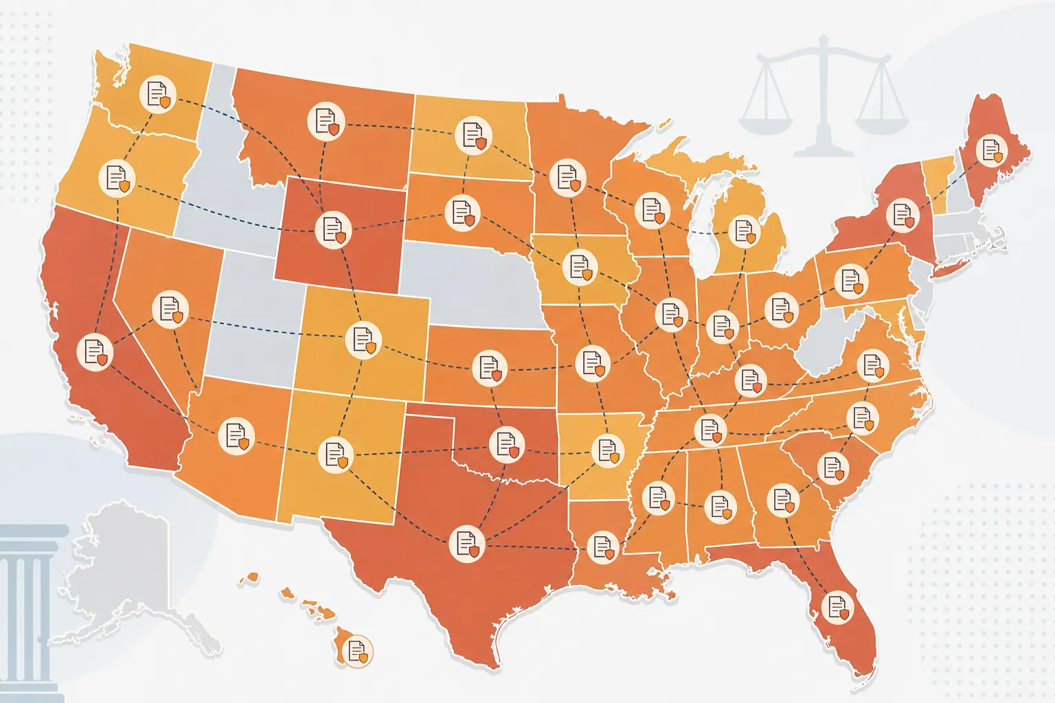 United States map with highlighted states and legal document icons suggesting varied autonomous vehicle rules