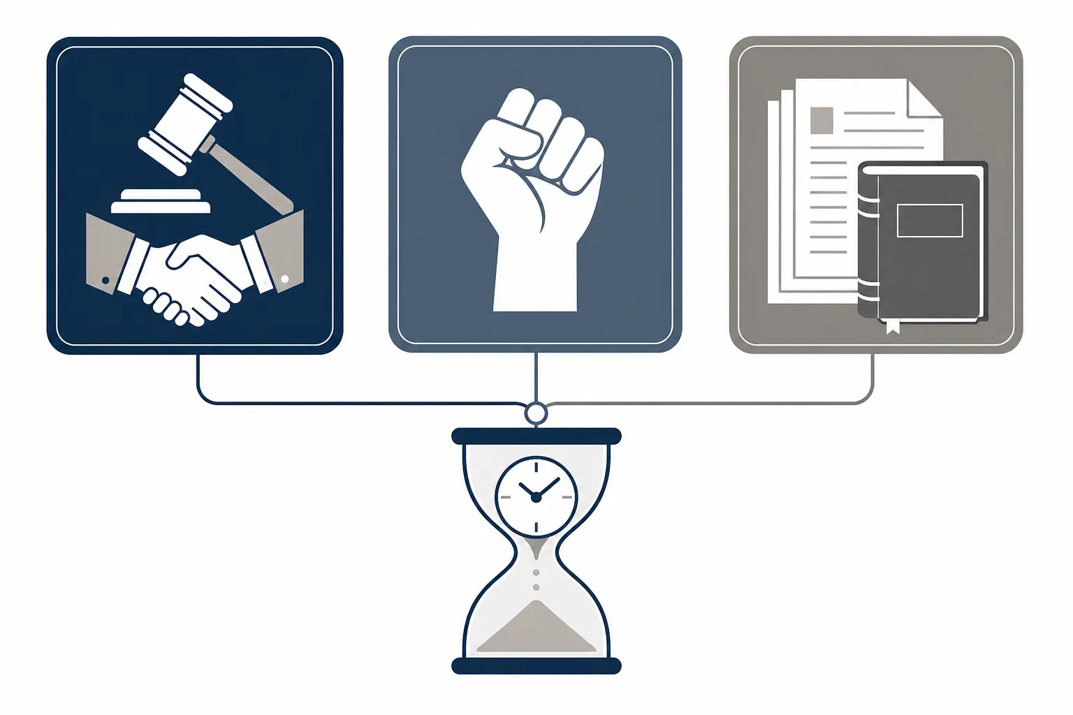 Three legal theory panels connected to a central hourglass and clock