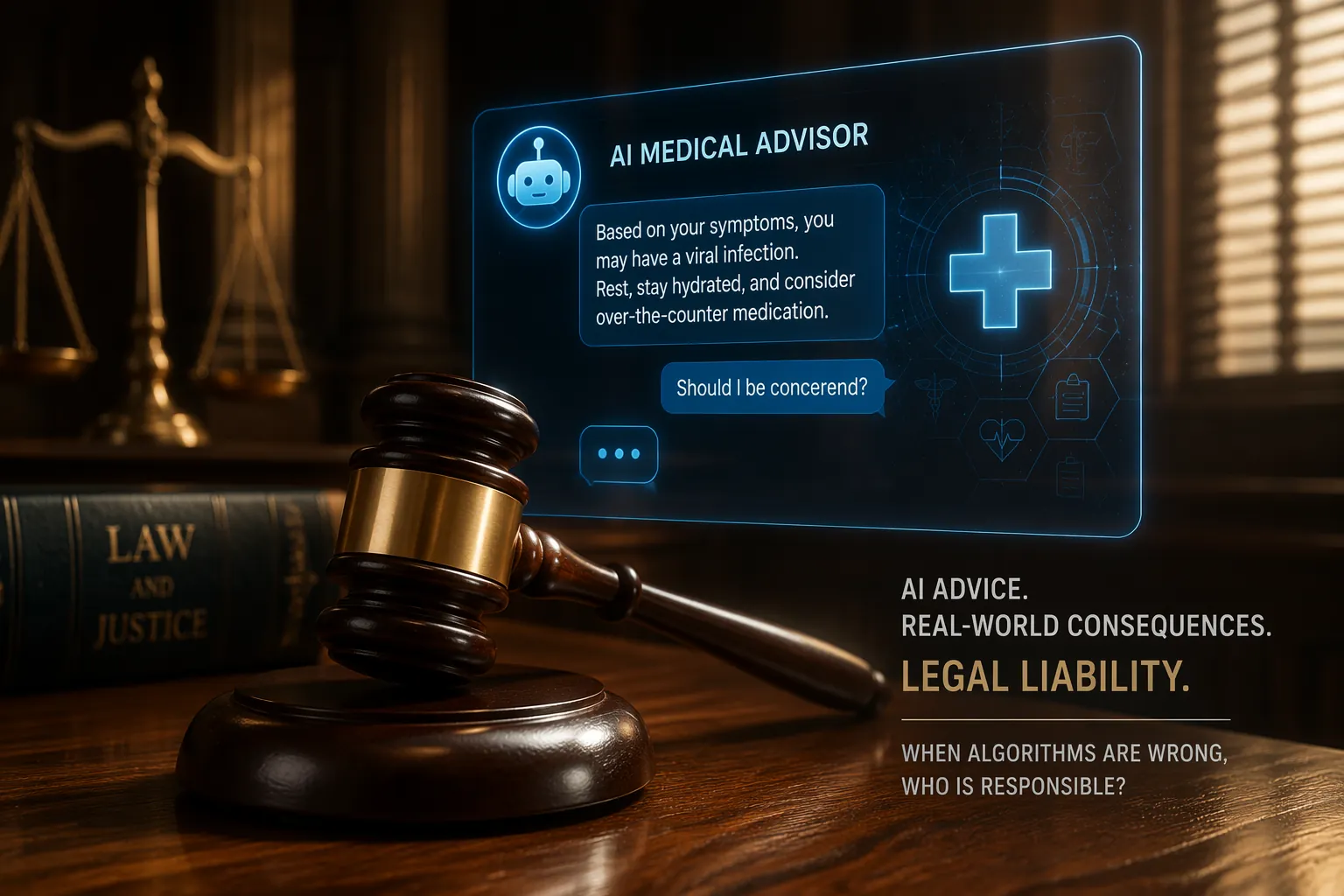 Courtroom gavel with a glowing chatbot interface and medical symbols