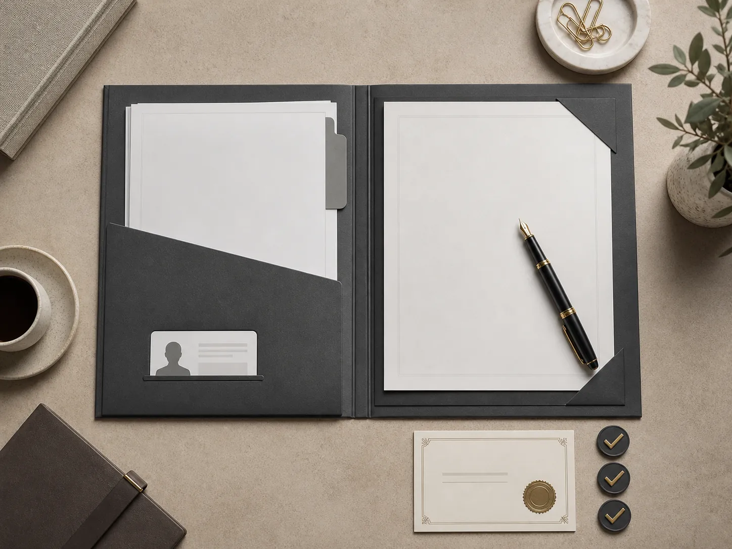 Open compliance dossier with placeholder documents, identity-card silhouette, certificate, pen, and tick marks