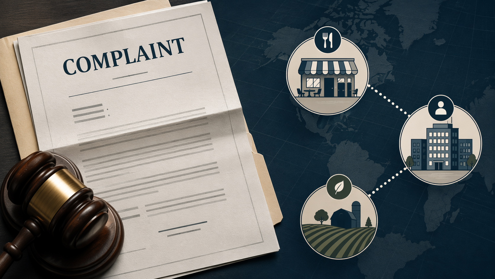 Legal complaint and supply chain network diagram connecting restaurant, corporate headquarters, and produce farm icons