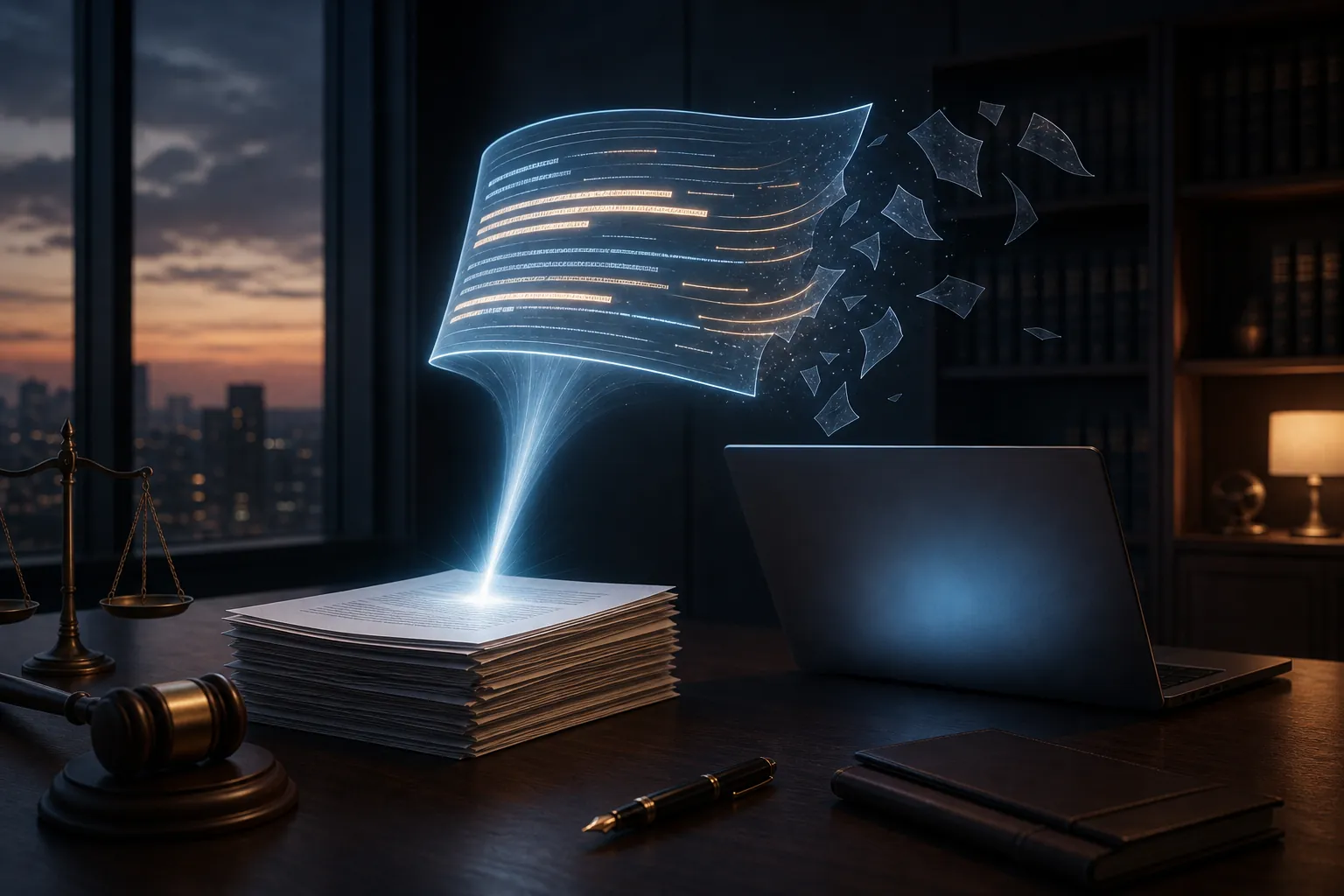 Law office desk with legal documents and a laptop projecting abstract text streams, contrasting grounded output with unmoored content