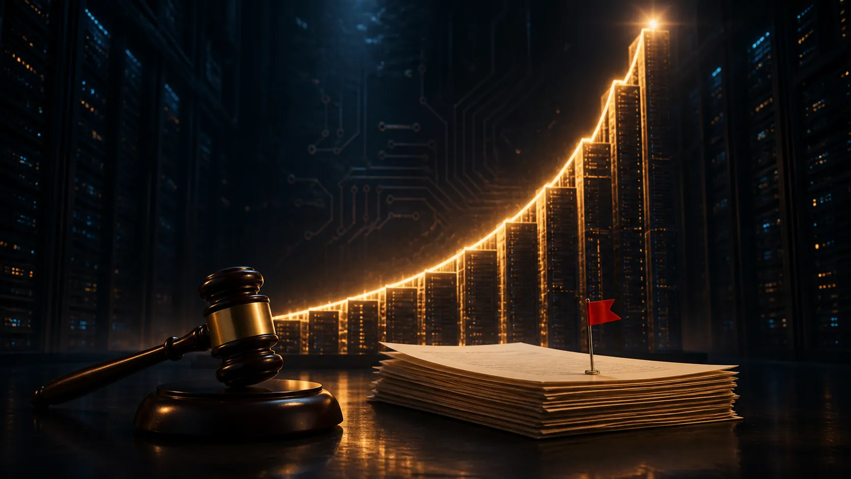 Glowing server-rack growth curve rising through a data center beside legal documents and a gavel