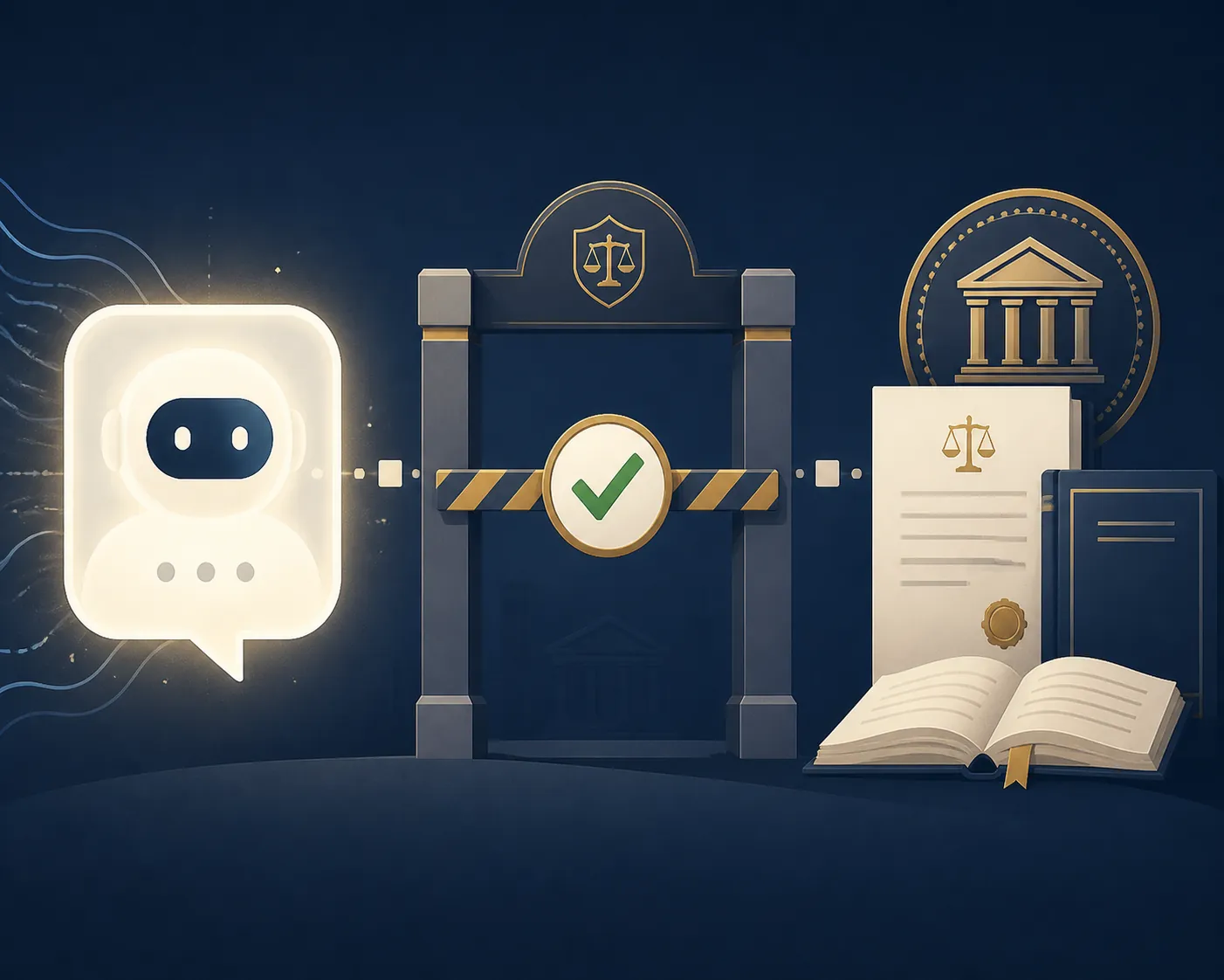 AI answer passing through a verification gate before reaching official legal documents