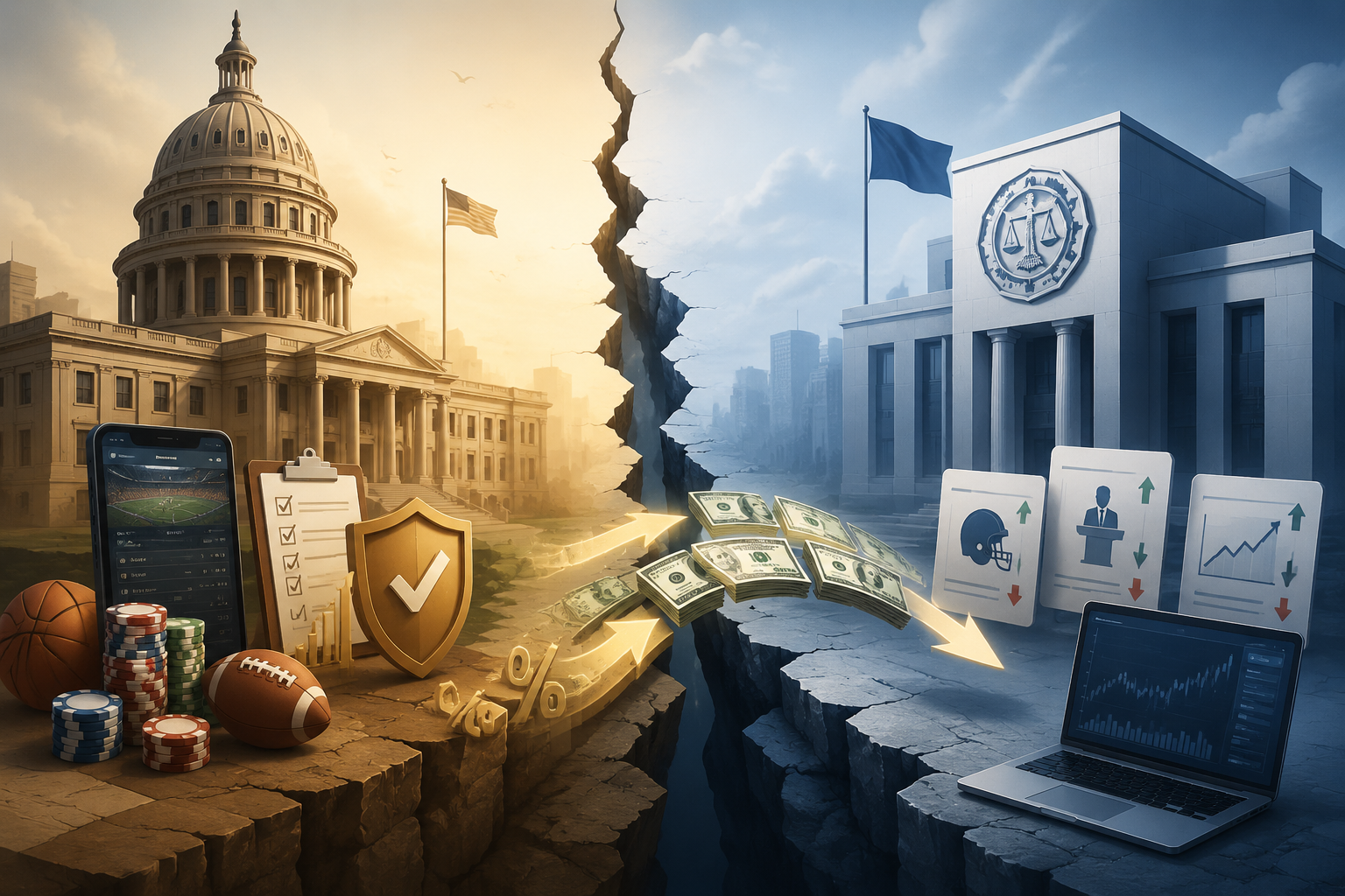 Split-view illustration of state sportsbook regulation and federal prediction market oversight separated by a fault line