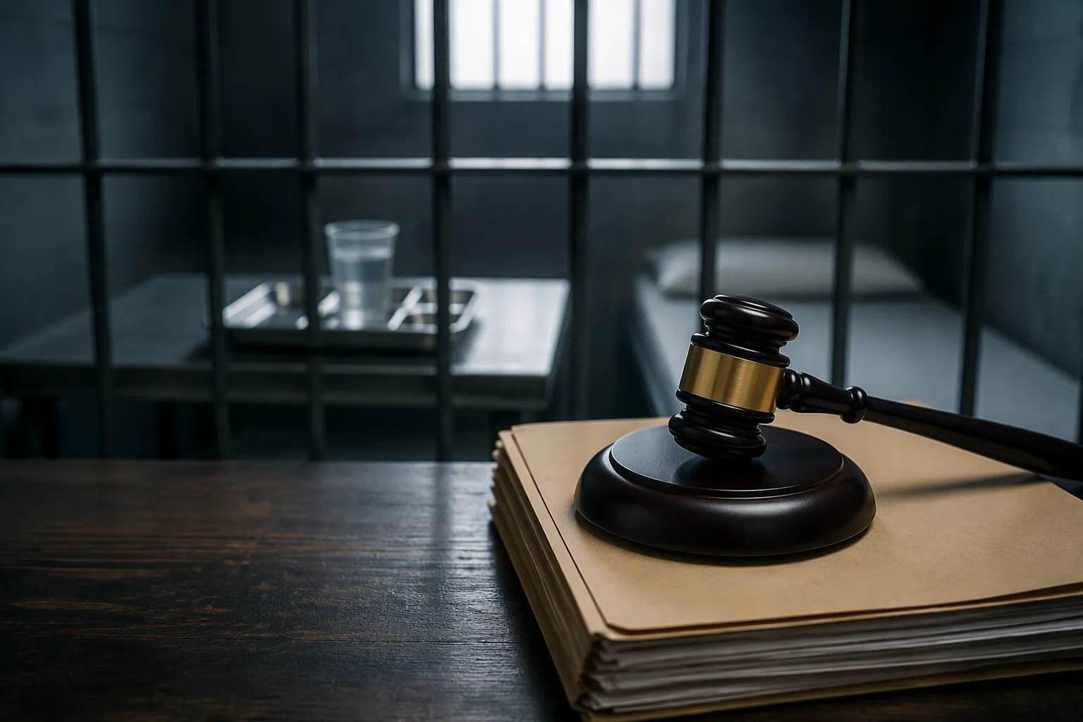 A judge's gavel on a legal docket folder with a prison cell and untouched meal tray in the background