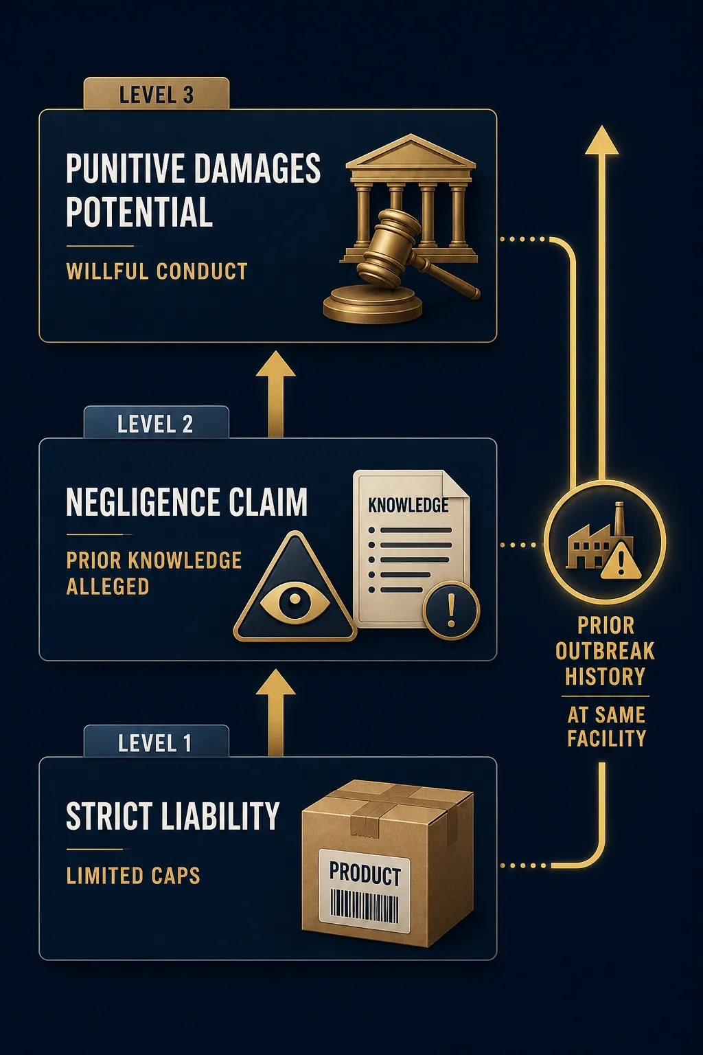 Diagram showing strict liability, negligence based on alleged prior knowledge, and punitive damages potential