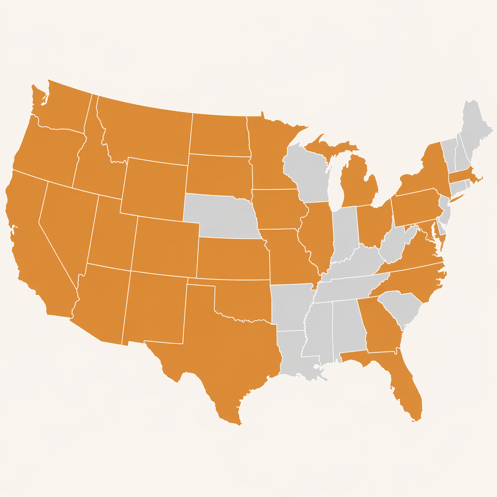 Map showing 29 states shaded to represent AI laws enacted in the first half of 2026