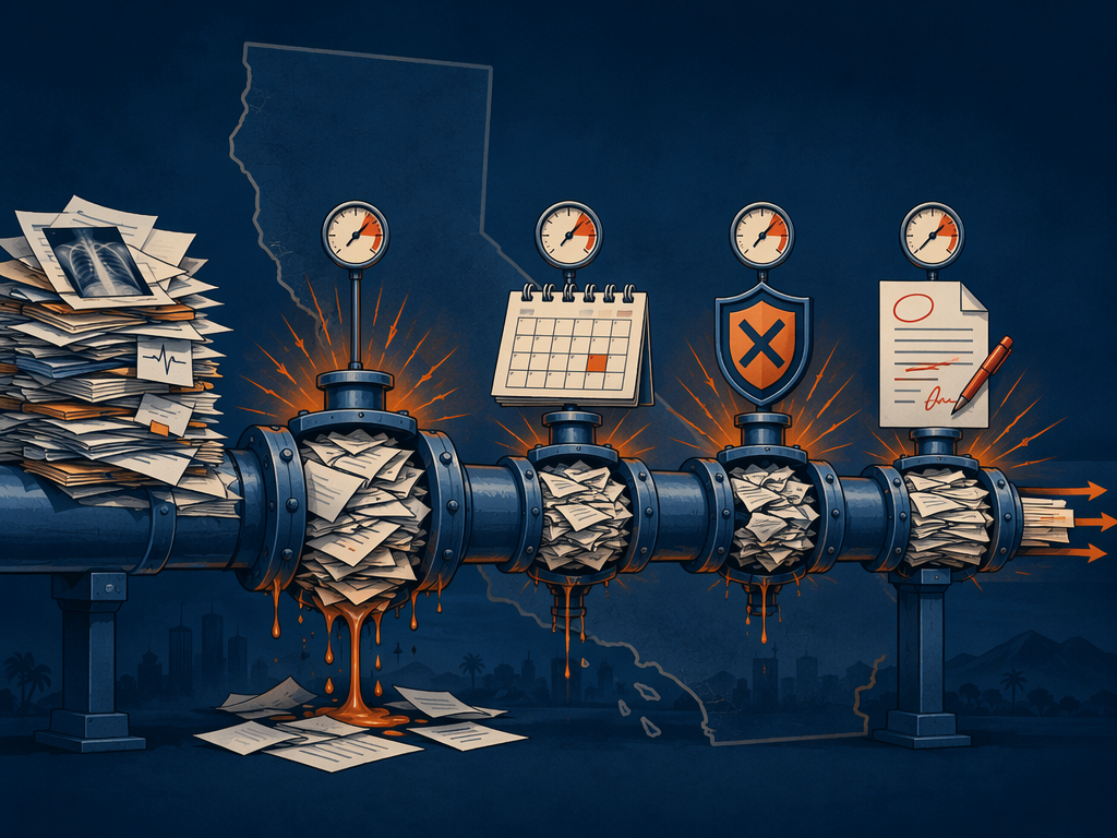 Document pipeline with medical records, arbitration calendar, insurance denial symbol, and demand letter revision bottlenecks