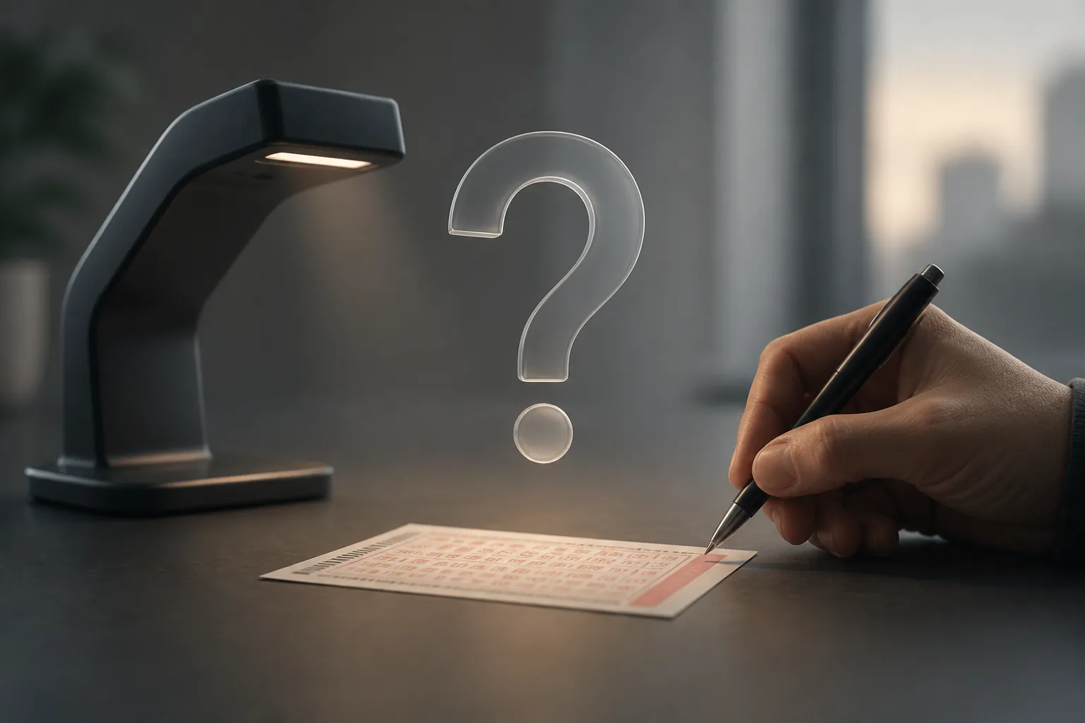 Lottery ticket between a scanner arm and a hand holding a pen, with an unresolved question mark above it
