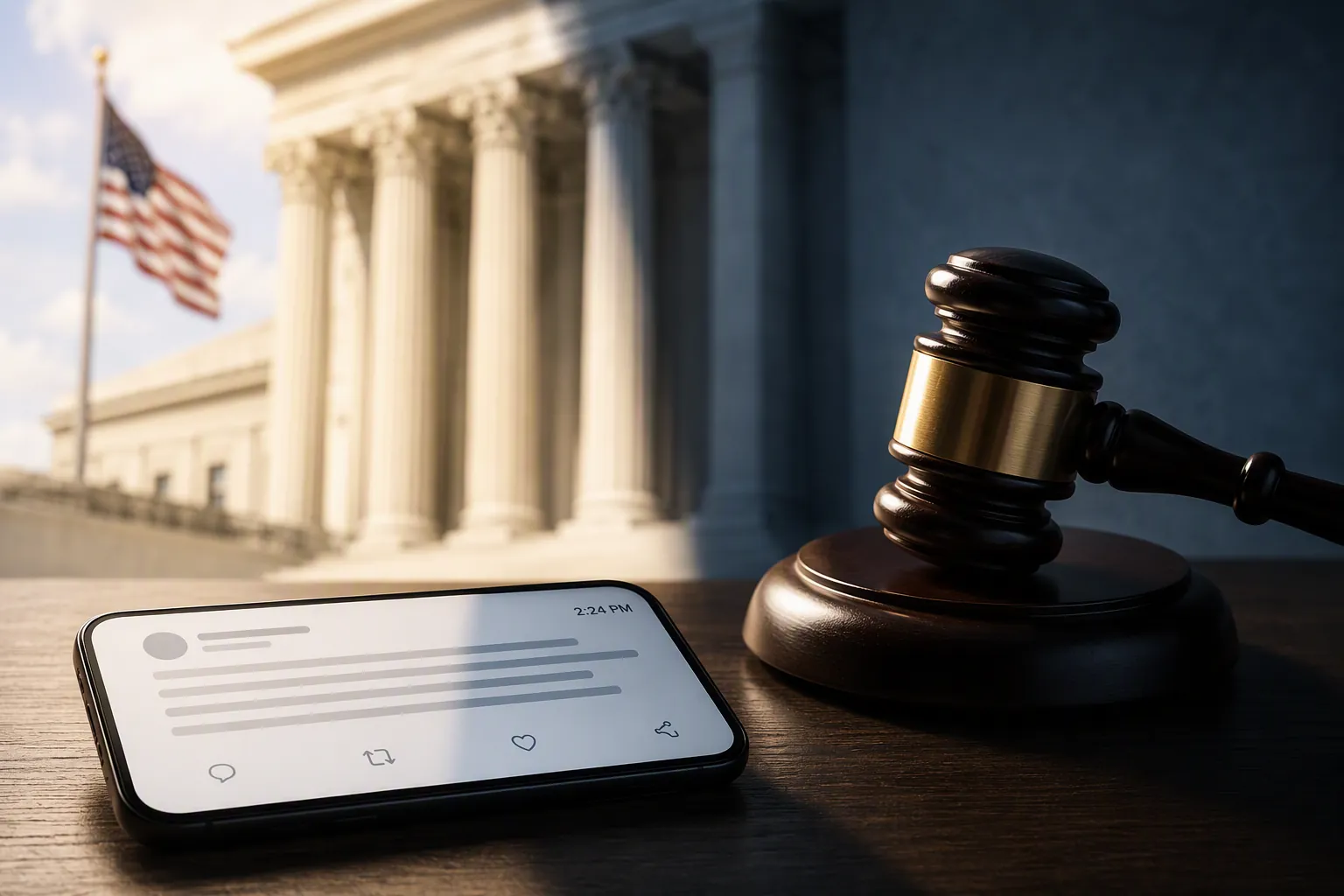 Smartphone showing a social-media post beside a gavel and courthouse columns