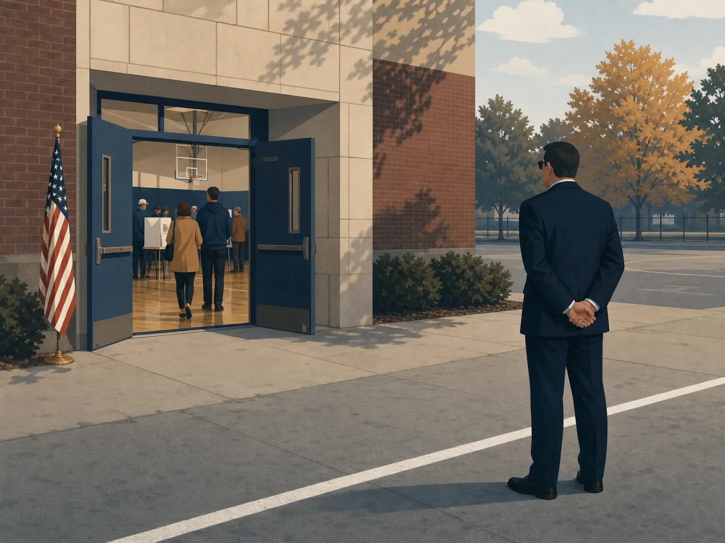 Polling-place entrance with a marked boundary line and a federal monitor standing at a distance