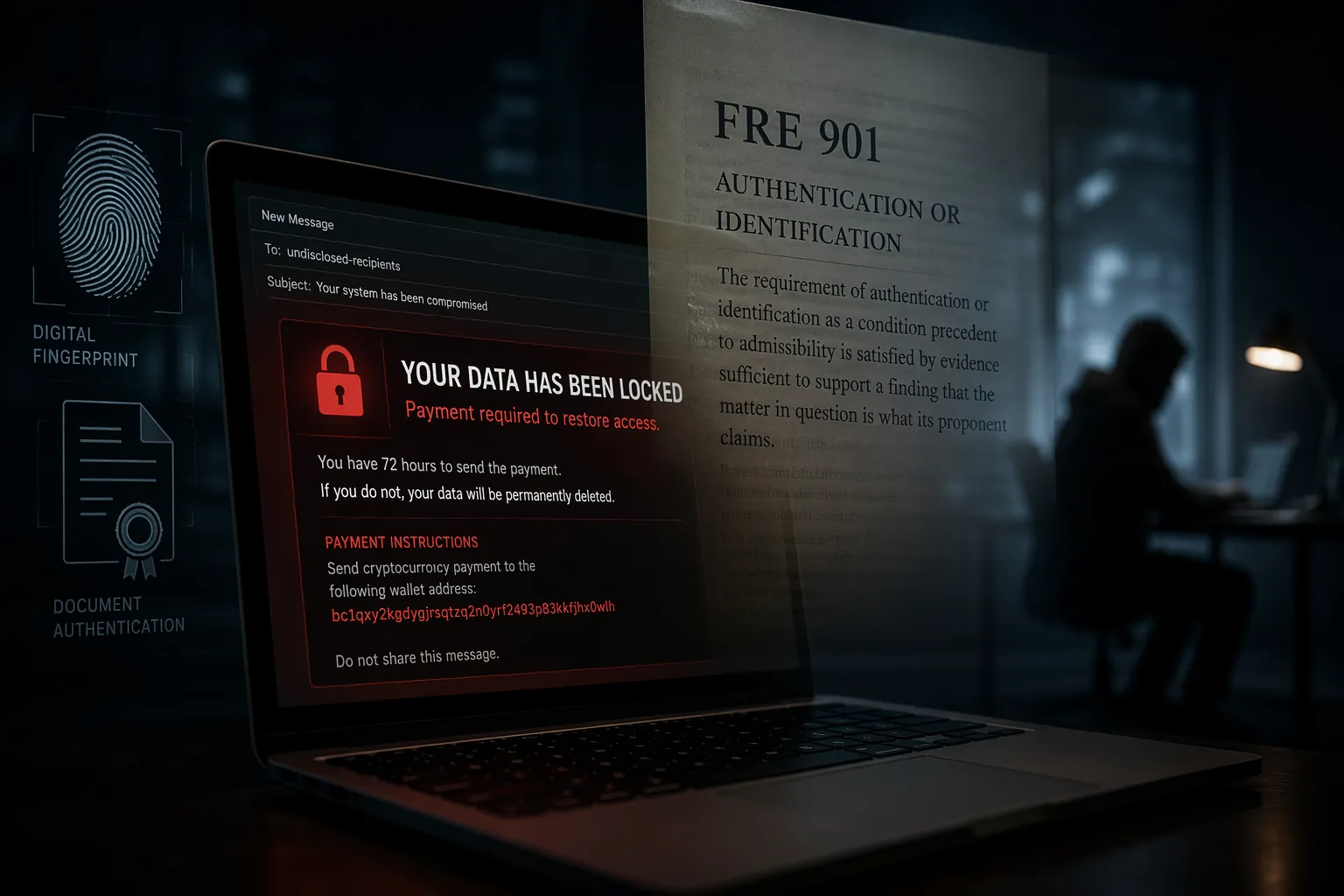 Laptop displaying a ransom note email interface overlaid with FRE 901 text and digital evidence symbols