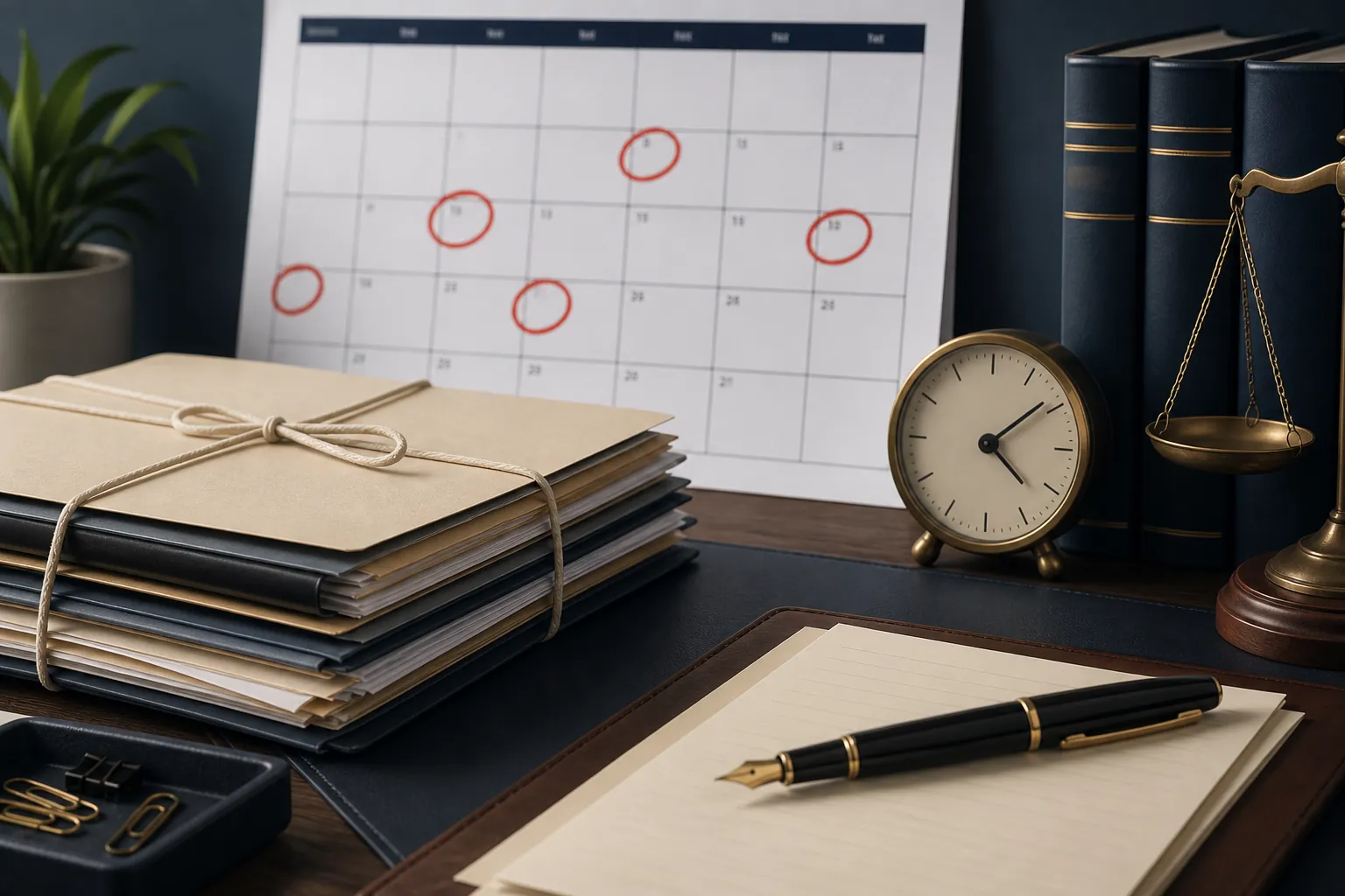 Lawyer desk with calendar dates circled, case folders, pen, and clock illustrating disclosure deadlines