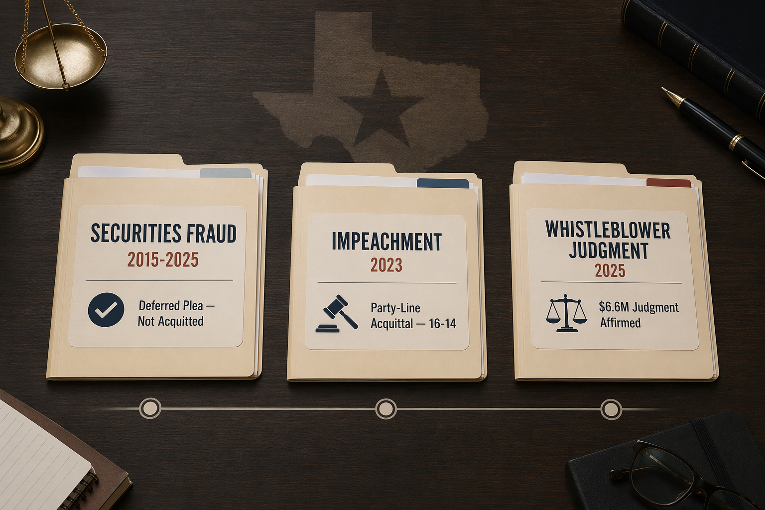 Three legal document folders summarizing securities fraud, impeachment, and whistleblower judgment episodes