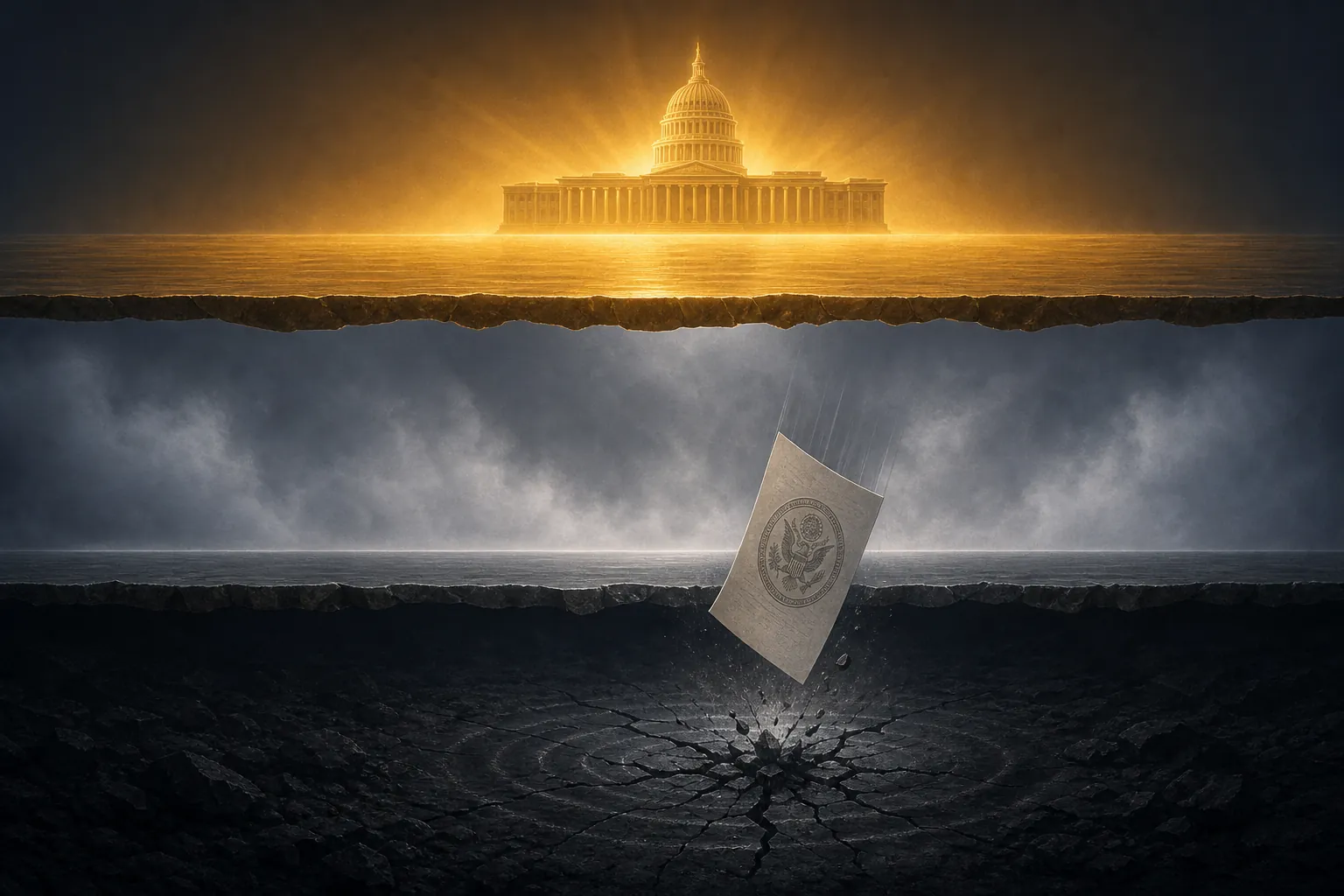 Editorial illustration of a congressional document falling from a middle tier into a darker lower tier