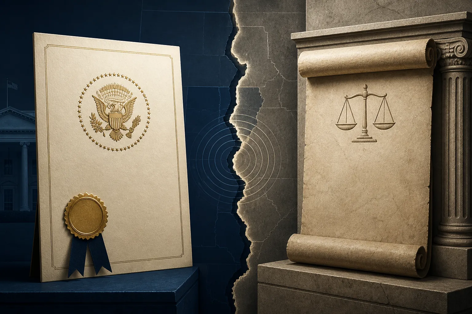 Conceptual illustration of a presidential pardon document and a Fifth Amendment scroll separated by a jurisdictional gap