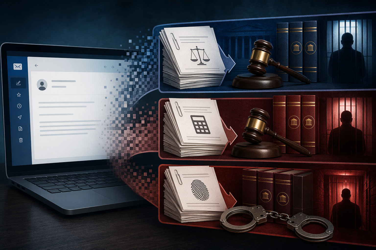 Illustration of an email transforming into stacked federal legal consequences for wire fraud, tax evasion, and aggravated identity theft