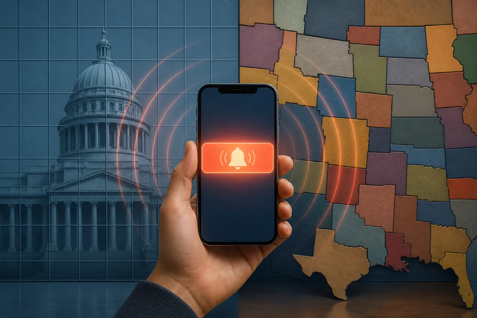Smartphone emergency alert over a split background showing one coordinated grid and fragmented state-law tiles