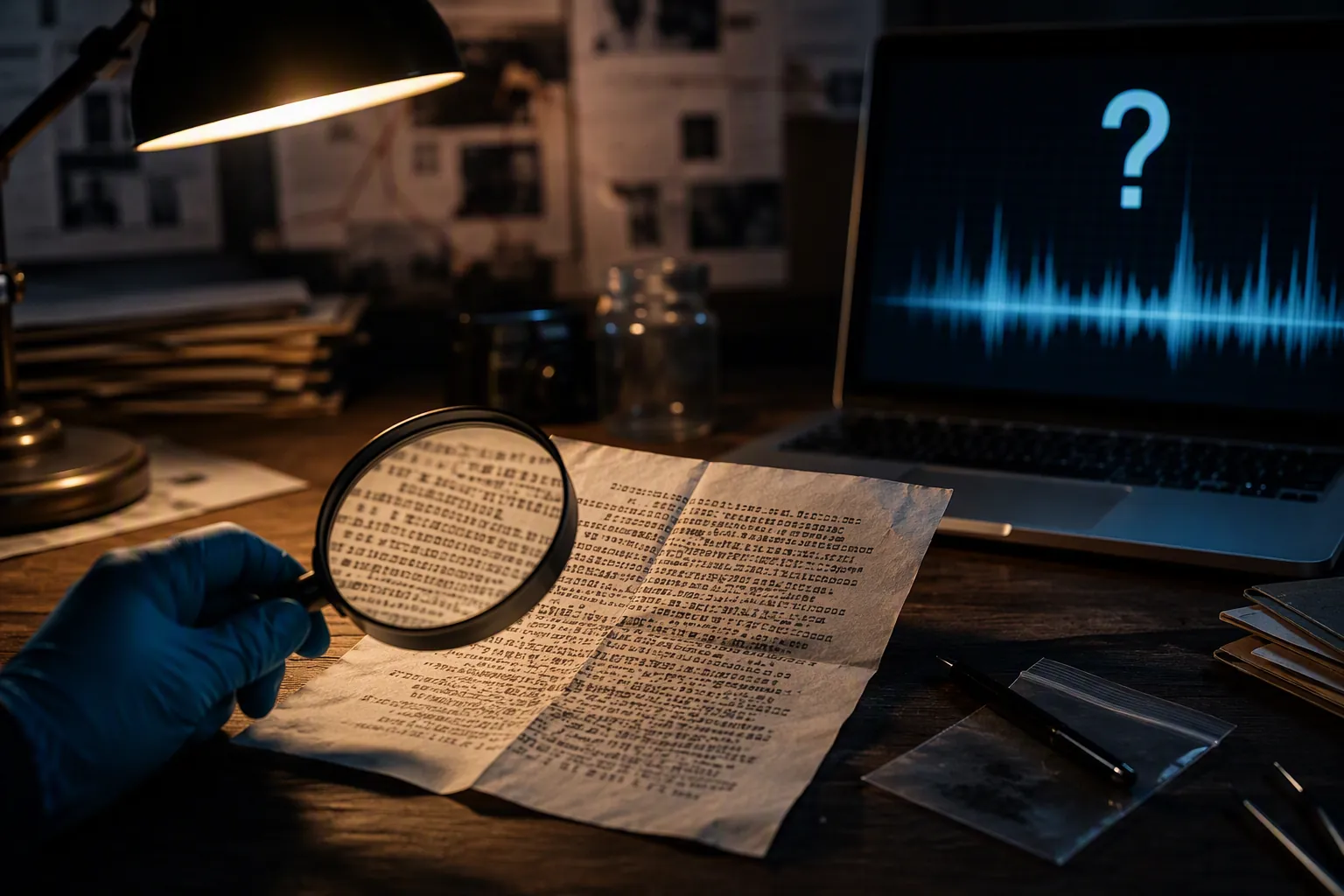 Ransom-note style letter examined with a magnifying glass beside abstract AI detection bars