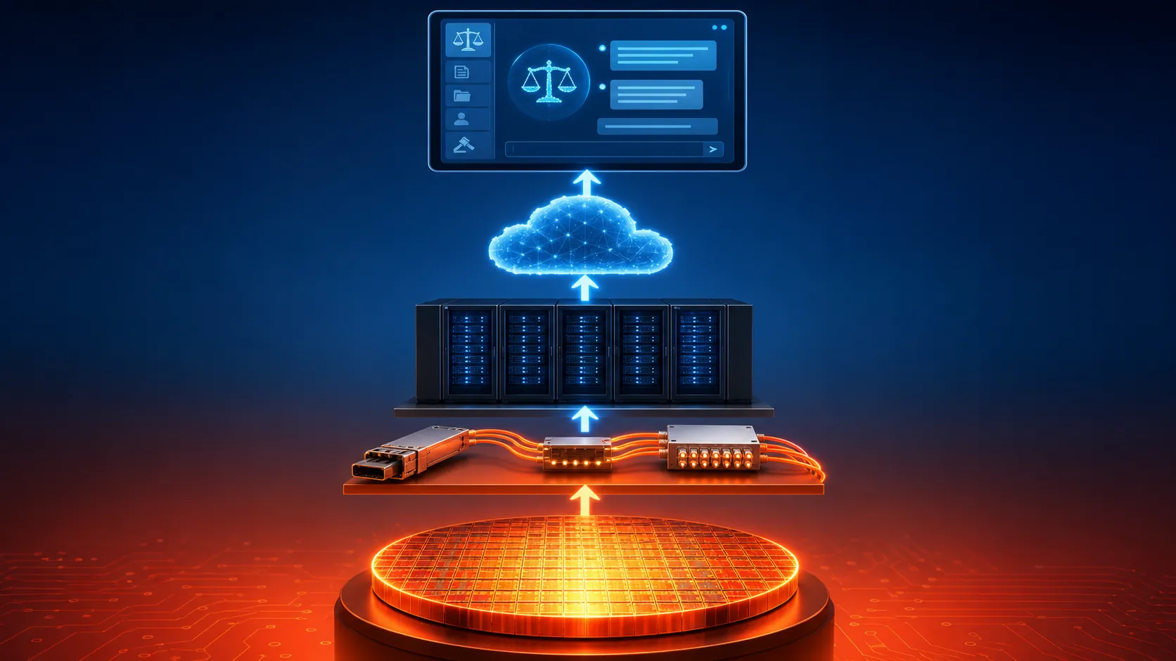 Layered dependency flow from indium phosphide wafer to optical interconnects, data center, cloud, and legal AI interface
