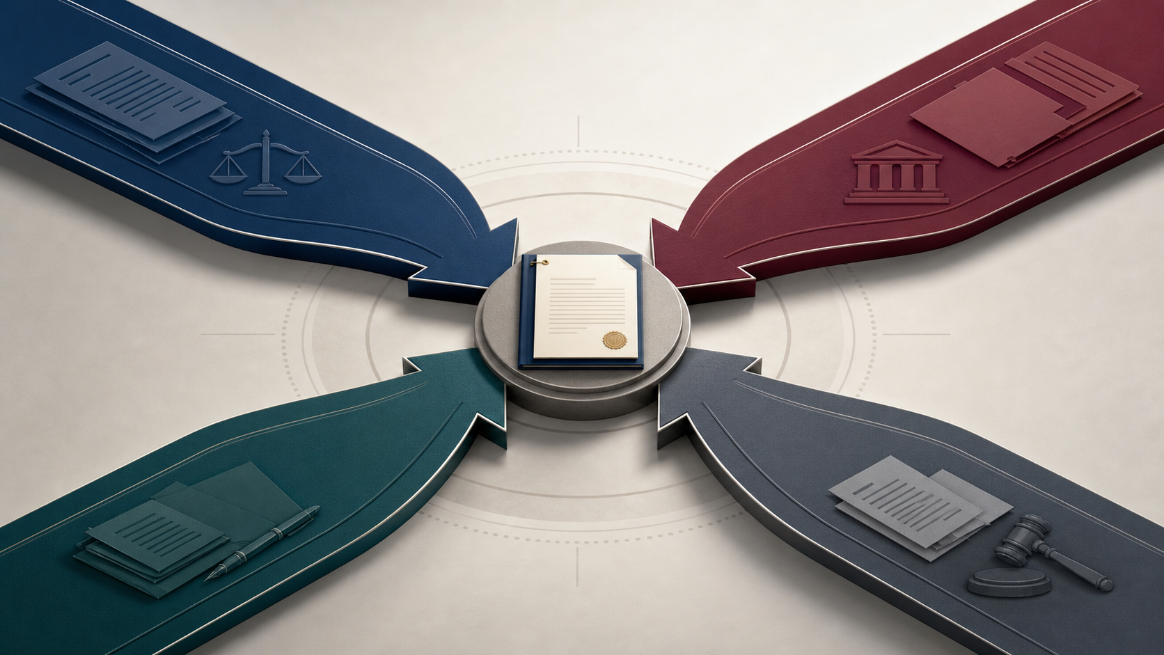 Four colored legal pathways converging toward a central point with document motifs