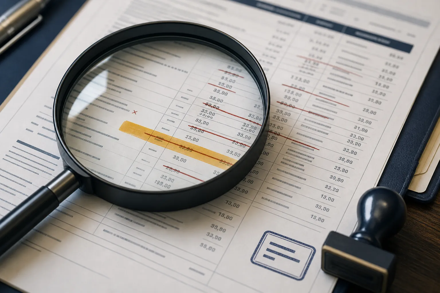 A legal billing ledger under review with entries marked for reduction