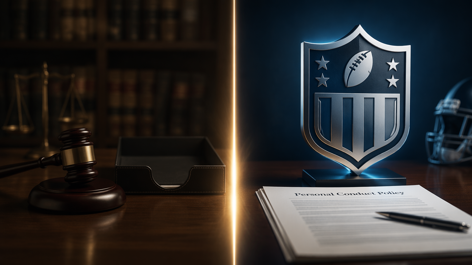 Split composition of a courtroom gavel and an NFL Personal Conduct Policy document
