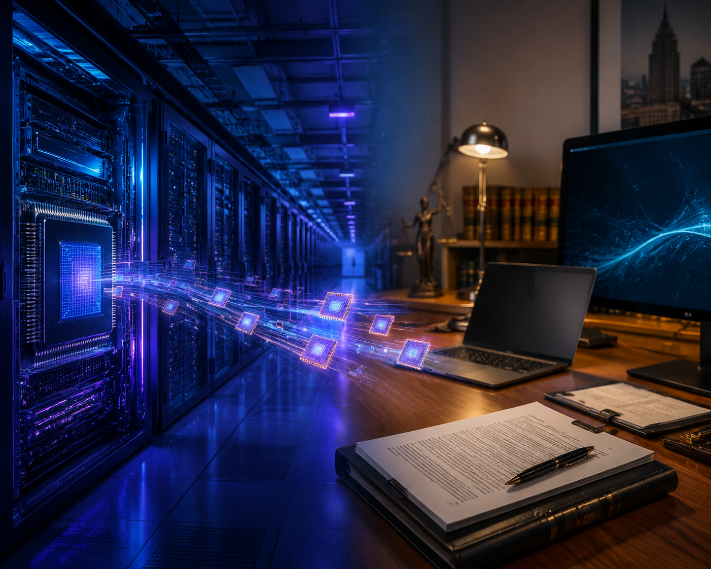 AI data center and law firm workstation showing memory chip capacity flowing toward AI infrastructure
