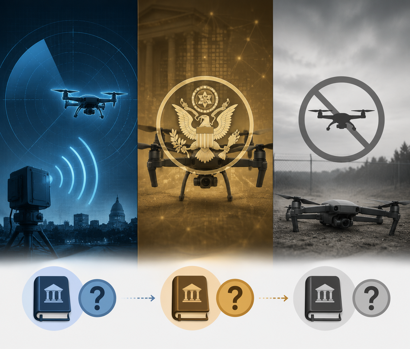 Diagram distinguishing detected, seized, and mitigated drones with legal symbols