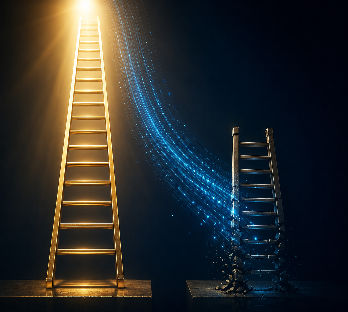Two career ladders showing senior attorney roles expanding while lower junior associate and paralegal rungs are compressed by digital streams