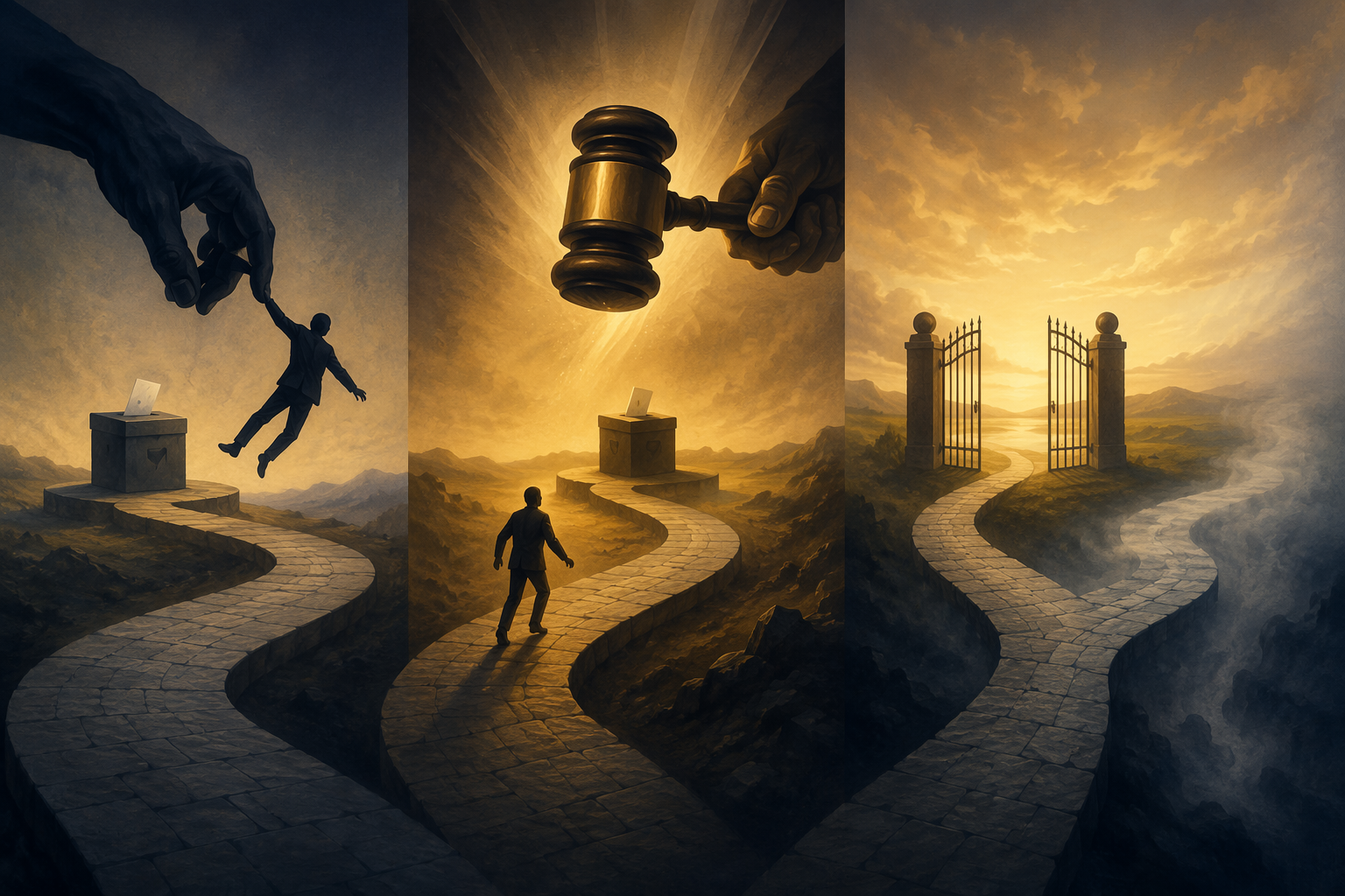 Editorial illustration of a ballot-access path showing removal, court reinstatement, and an uncertain fork after nomination