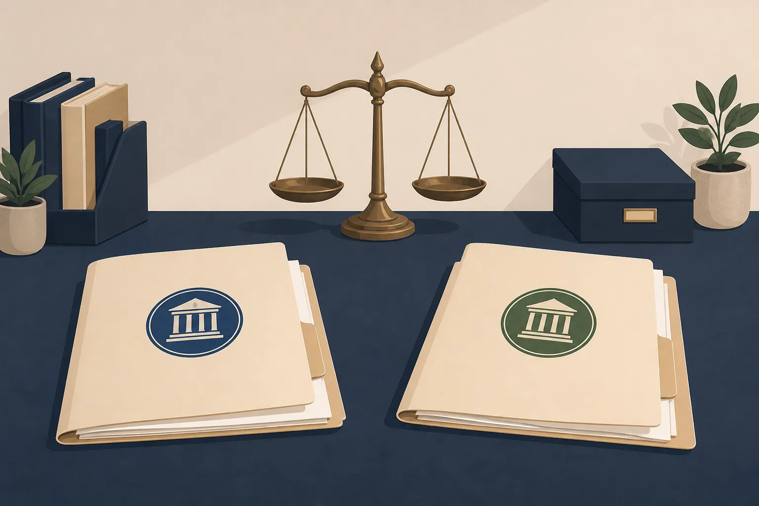Two separate open case-file folders with courthouse icons and scales of justice between them