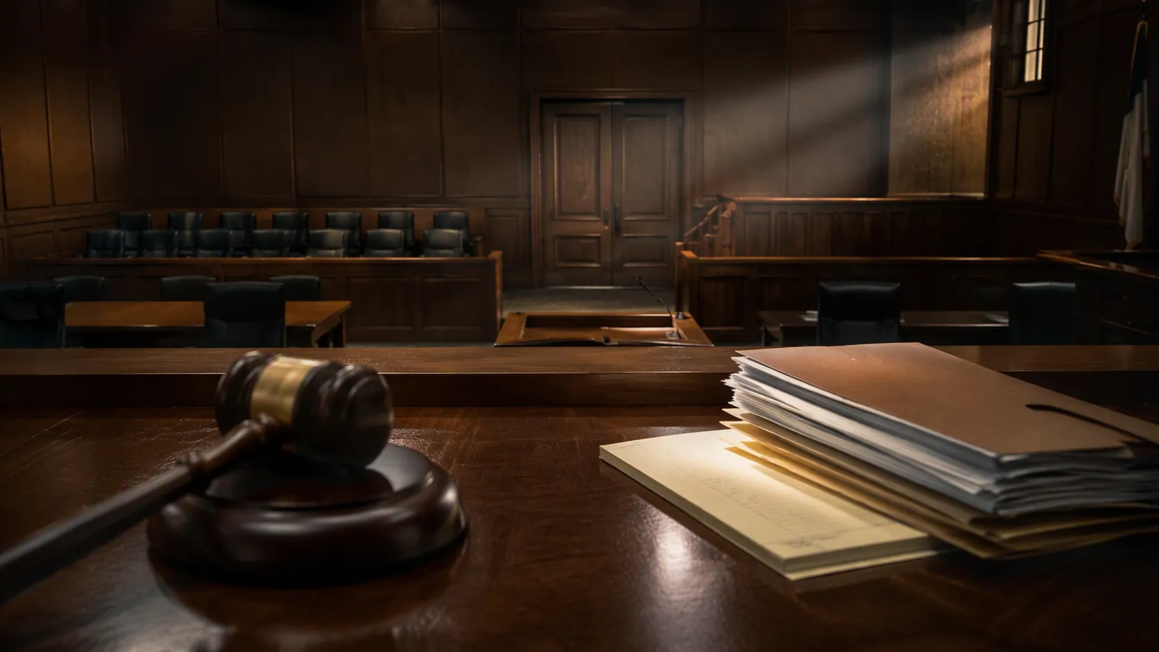 Dimly lit Massachusetts courtroom viewed from the judge's bench, with evidence folders and an empty jury box