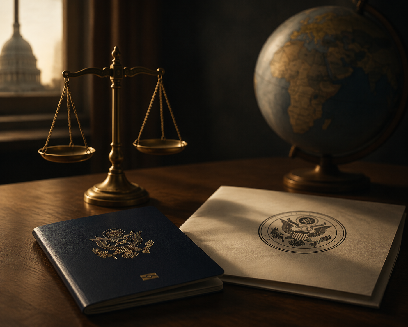 US passport, government document, scale of justice, and globe showing the tension between official warnings and legal protection