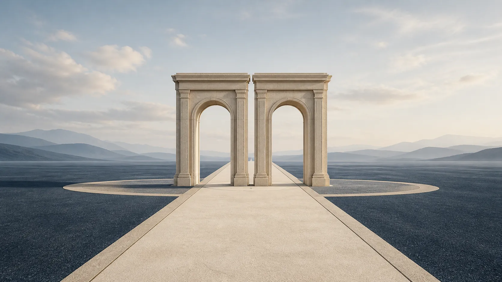 Two equally lit stone doorways standing at one point along a timeline-like road