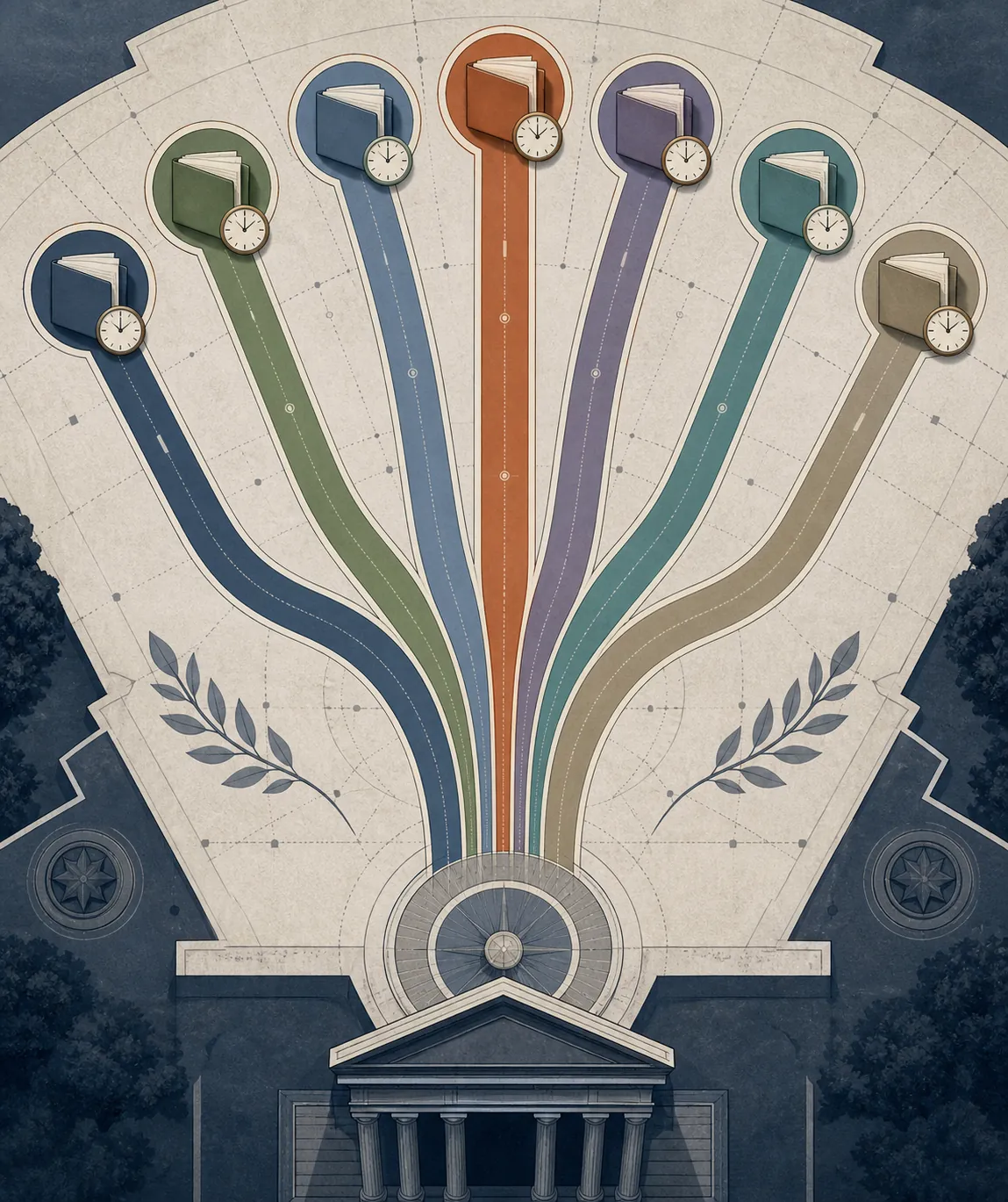 Seven distinct regulatory filing lanes branching from one entry point, each ending with a clock