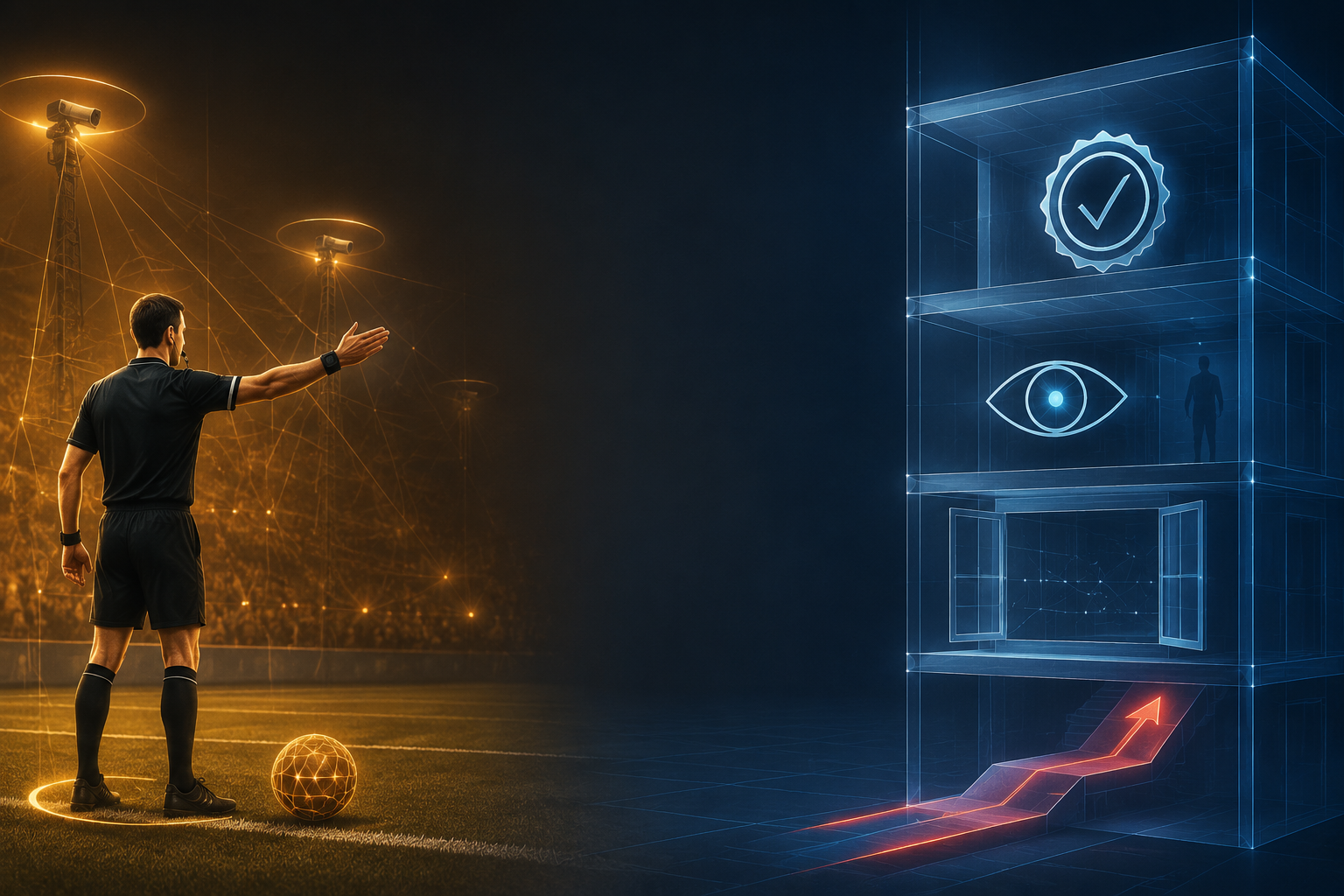 Split image contrasting a football referee with sensor technology and a separate governance framework showing conformity, oversight, transparency, and redress